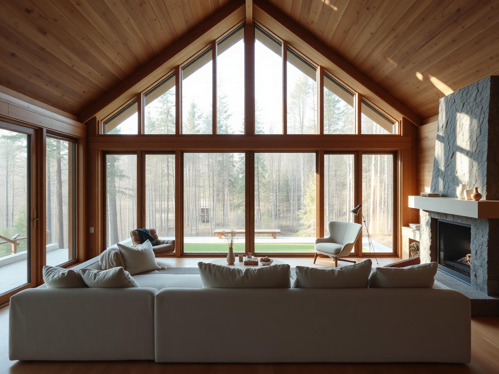 Sunlit Norra interior — vaulted oak ceiling, linen sofa, stone fireplace
